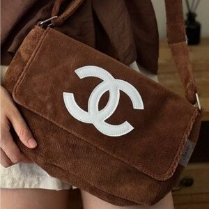 Chanel Precision Bag brown with white CC! Micro fiber soft material.